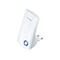 Weißer TP-Link-WLAN-Repeater mit Stecker, blaue LED-Anzeigen.