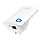 Weißer TP-Link WLAN-Repeater mit blauer LED-Anzeige. Er hat einen Ethernet-Anschluss und einen Reset-Knopf.