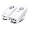Zwei weiße TP-Link Powerline-Adapter mit Steckdosenanschluss und LAN-Ports auf weißem Hintergrund.