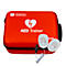 Rotes Erste-Hilfe-Trainingsset mit AED-Trainer-Aufschrift, Herz-Symbol mit Blitz und zwei Elektroden-Pads.