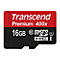 Une carte microSD Transcend rouge et noire. Inscription : Transcend Premium 400x 16 Go.