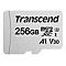 Une carte microSD blanche Transcend. Inscription : 256 Go, microSDXC A1 V30.