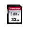 Carte SD Transcend noire, logo rouge et blanc, mémoire 32 Go. Curseur jaune, fonctions de sécurité, symbole 10.