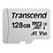 Silberne Transcend microSDXC-Speicherkarte mit 128 GB Kapazität vor neutralem Hintergrund.