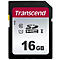 Eine schwarze Transcend SD-Karte mit rotem Logo und Aufschrift 'Transcend', darunter '16GB'.