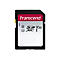 Schwarze Transcend SDXC Speicherkarte mit rotem Logo-Bereich und technischen Symbolen auf weißem Hintergrund.