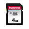 Schwarze SD-Karte mit rotem Schriftzug 'Transcend', darunter 'SDHC' und '4GB'.