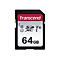 Eine schwarze 64GB SDXC-Speicherkarte von Transcend auf weißem Hintergrund.