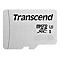 Eine silberne Transcend microSDXC-Speicherkarte mit schwarzer Beschriftung vor weißem Hintergrund.