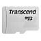 Silberne Transcend microSD-Speicherkarte mit schwarzer Beschriftung vor weißem Hintergrund.