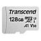 Silberne Transcend microSDXC-Speicherkarte mit 128 GB Kapazität vor weißem Hintergrund.