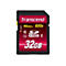 Gros plan sur une carte SD Transcend noire. Inscriptions blanches sur la surface rouge : Transcend, 90MB/s, 600x et 32GB.