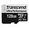Transcend microSDXC-Speicherkarte mit 128 GB Kapazität vor weißem Hintergrund.