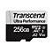 Schwarz-silberne Transcend microSD-Speicherkarte mit 256GB Kapazität auf weißem Grund.