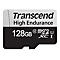 Transcend microSDXC Speicherkarte mit 128 GB Kapazität und High Endurance Kennzeichnung.