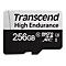 Schwarze MicroSD-Karte mit weiÃŸem Text von Transcend und der KapazitÃ¤t 256 GB.