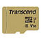 Goldene Transcend MicroSD-Speicherkarte mit Modellbezeichnungen auf weißem Hintergrund.