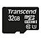 Schwarze Transcend Micro-SD-Karte mit weißer Schrift. Aufschrift: "Transcend 32GB micro SDHC I".