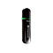 Schwarzer Transcend USB-Stick mit grün leuchtender LED vor weißem Hintergrund.