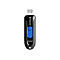 Schwarzer Transcend USB-Stick mit 512GB Speicher und blauem Schiebemechanismus vor weißem Hintergrund.