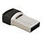 Une clÃ© USB argentÃ©e avec une extrÃ©mitÃ© de capuchon noire. Inscription : Transcend, 32 Go USB 3.1. Dos avec marquages.