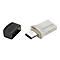 USB-C-Stick mit schwarzer Kappe, silbern, mit Aufschrift 'Transcend 128GB'.