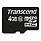 Schwarze microSD-Karte mit weißem "Transcend 4GB micro HC" Aufdruck. Abgerundete Ecken und Aussparung unten.