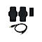 Schwarze Gürtelclips, ein Klettverschluss-Pad und ein USB-auf-Klinke-Kabel auf weißem Hintergrund.