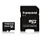 Une carte micro SD Transcend noire et un adaptateur, avec du texte et un logo blancs.