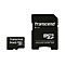 Deux cartes mémoire noires sur fond blanc. Une carte microSD et un adaptateur de carte SD. Les deux indiquent Transcend.