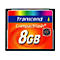Gros plan sur une carte mémoire CompactFlash Transcend. La carte affiche "8 Go", "133x" et le nom de la marque.