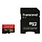 Zwei schwarze Speicherkarten mit dem Markenlogo Transcend, eine davon in einem roten Gehäuse. Aufschrift: 16 GB, microSD Adapter.