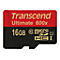 Eine rote und schwarze Transcend MicroSD-Karte. Oben steht Transcend Ultimate 600x, darunter 16GB, micro SDHC I.
