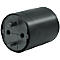 Black plug with two pins and two holes. The cylindrical body is also black.