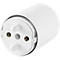 Close-up of a white outlet adapter, with three pins and two holes.