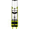 Gerbeur vertical en jaune néon et noir avec mécanisme de levage central sur fond blanc.