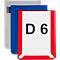 Three colored folders. Red with white sheet and black font "D 6", blue, silver.
