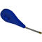 Blue plastic tool with long handle and metal blade. It has a round recess at the head.