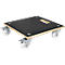 Black transport plate with wheels. Wooden board, carrying handle, four white wheels.