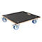 Black transport plate with four wheels. A recessed handle is incorporated.