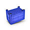 Blue rectangular plastic crate with grid pattern. Black feet at the corners.