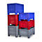 Stacked blue, red, and gray plastic crates, interlocking. The crates are shown against a white background.
