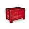 Red plastic crate with a rectangular shape, standing on four feet, empty.