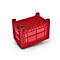 Red plastic transport crate, photographed diagonally from above, on a white background.