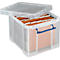 Transparent storage box with blue handles and open lid, filled with folders.