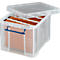 A clear storage box with open lid, filled with hanging files. Blue handles on the side, printed with "Really Useful Box".
