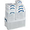 Transparent plastic boxes in various sizes, stacked. Blue handles.