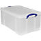 Transparent plastic box with blue handle and lid.