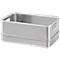 Silver rectangular transport box with handles. A white plastic frame is attached to the top edge.