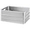 Silver transport box with handles and a ribbed surface. Rectangular shape.